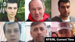 Detained Belarusian bloggers (left to right) Ihor Losik, Alyaksandr Kabanau, Uladzimir Tsyganovich, Alyaksandr Andreyev, Syarhey Petrukhin, and Vladimir Neronski