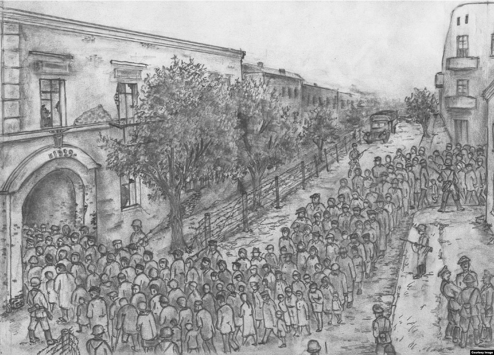 Арка дома по улице Советской – ворота к расстрельным ямам. Евреев вели с улицы Островского и собирали в доме, в котором после войны располагалось отделение милиции. Рисунок Владимира Губенко