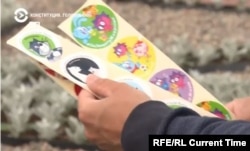 Stickers about the proposed constitutional amendments, handed out by volunteers at a polling station in Poporozhe, had no information about how the changes could affect the role of Russia's presidency or president.