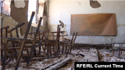 The ruins of a school in Kyrgyzstan's Batken region after an attack during the April 28-April 29, 2021 fighting with Tajikistan over a water canal and pumping station