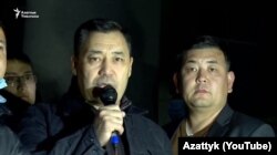 Sadyr Japarov, a former aide to ex-President Kurmanbek Bakiev, addresses a crowd in Bishkek on October 8, 2020.