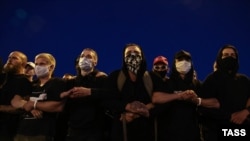 Protesters after preliminary results named President Alyaksandr Lukashenka the winner in Belarus' August 9, 2020 presidential election.