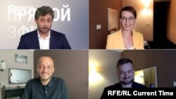 (Left to right:) Current Time anchors Timur Olevsky and Iryna Romaliiska, correspondents Ivan Grebenyuk and Yury Baranyuk on August 8, 2020