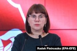 Belarusian opposition activist Olga Kovalkova speaks at a press conference in Warsaw on September 5, 2020.