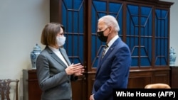 U.S. President Joe Biden meets with Belarusian opposition leader Svyatlana Tsikhanouskaya in the White House on July 28, 2021.
