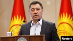 Kyrgyz Prime Minister and Acting President Sadyr Japarov addresses parliament on October 16, 2020.