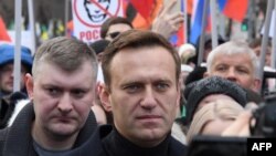Russian opposition figure Aleksei Navalny participates in a February 29, 2020 march in Moscow in honor of slain opposition politician Boris Nemtsov. 