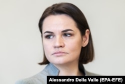 Belarusian oppostition leader Svyatlana Tsikhanouskaya earlier this year.