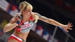 Yana Maksimava competes in the women's pentathlon shot put at the 2017 European Athletics Indoor Championships in Belgrade.