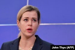 Veranika Tsapkala speaks during a December 16, 2020 press conference after receiving, together with Svyatlana Tsikhanouskaya, the European Parliament's Sakharov human rights prize on behalf of Belarus' "democratic opposition."